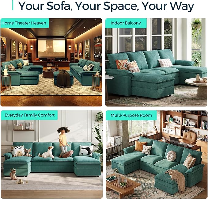 LINSY HOME Modular Cloud Couch, 113" L Shaped Sectional Sofa with Double Layer Cushions and Ottoman, Chenille 4 Seater Sofa Set for Living Room, Apartment, Green