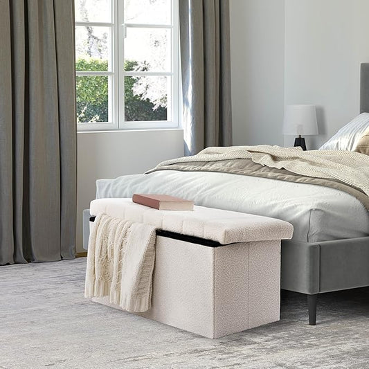 Seville Classics Cushioned Fabric Ottoman Hidden Storage Chest Footrest Chair, Padded Seat for Bedroom, Dorm, Loft, Living Room, Entryway, Hallway, White Boucle, 30" Bench