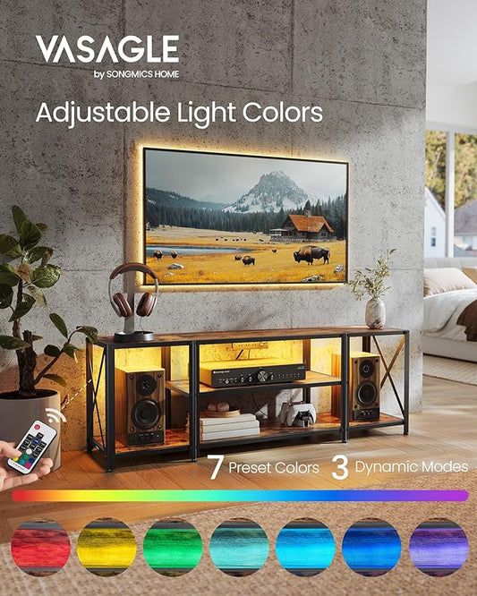 VASAGLE TV Stand with Power Outlets and LED Lights, for TVs up to 60 Inches, Entertainment Center with Open Storage Shelves, TV Console Table for Living Room, Rustic Brown and Ink Black ULTV121K01