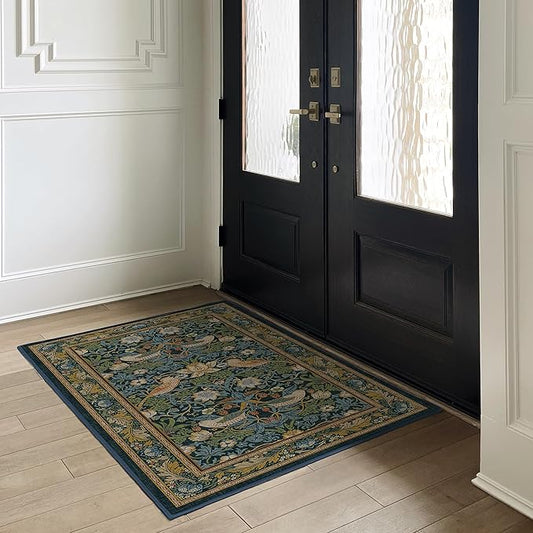 RUGGABLE x Morris & Co Washable Area Rug – Strawberry Thief Indigo 3x5, Stain-Resistant, Non-Slip – Small Machine Washable Rugs for Living Room, Bedroom, Hallway, Entryway & Office–with Cushioned Pad