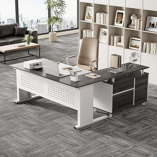 LITTLE TREE Large Computer Desk with File Cabinet, 63-Inch Executive Desk L Shaped Office Desk with Drawers and Storage Shelves, Business Furniture Desk Workstation for Home Office (Grey + White)
