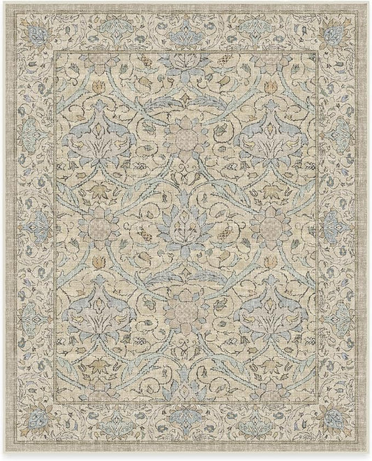 RUGGABLE x Morris & Co Washable Area Rug – Montreal Natural Blue 8x10, Stain-Resistant, Non-Slip – Large Machine Washable Rugs for Living Room, Bedroom, Hallway, Entryway & Office–with Cushioned Pad