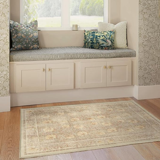 RUGGABLE x Morris & Co Washable Area Rug – Pimpernel Vintage Stone 3x5, Stain-Resistant, Non-Slip – Small Machine Washable Rugs for Living Room, Bedroom, Hallway, Entryway & Office–with Standard Pad