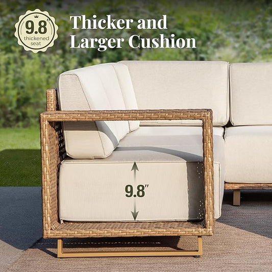 Outdoor Patio Furniture Set, 5 Piece Outdoor Rattan Wicker Sofa Couch, Conversation Sets with 2 Single Sofa, 2 Armchairs and Coffee Table for Deck Backyard Lawn