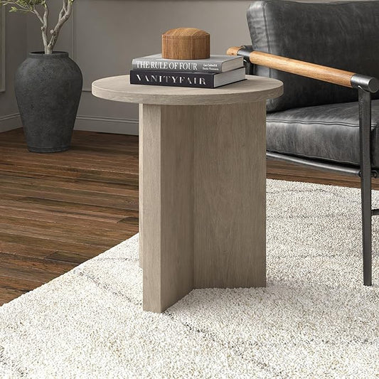 Henn&Hart 20" Wide Round Side Table in Antiqued Gray Oak, for Home, Living Room, Bedroom, Entertainment Room or Office