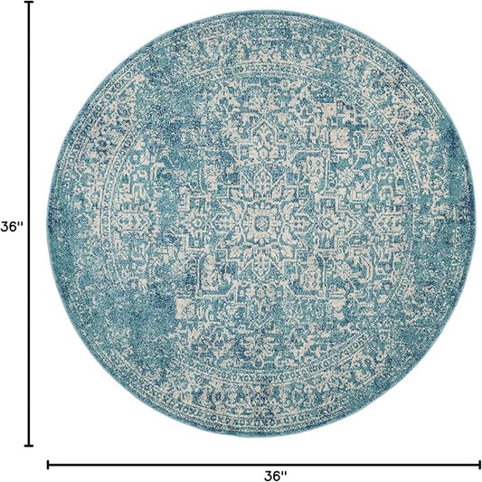 SAFAVIEH Evoke Collection Area Rug - 3' Round, Blue & Ivory, Distressed Design, Non-Shedding & Easy to Clean, Ideal for Foyer, Bedroom, Accent Space (EVK256C)