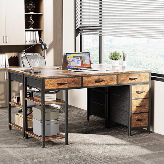 Huuger Computer Desk with 6 Drawers, 47 Inch Office Desk with Shelves, Reversible Gaming Desk, Corner Desk with Storage, Work for Home Office, Study, Living Room, Rustic Brown