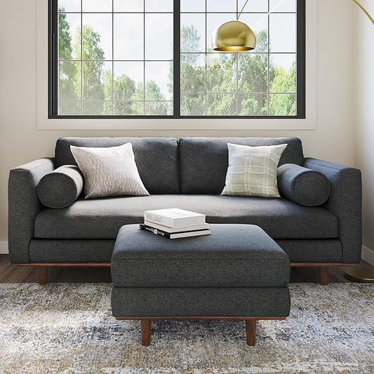 SIMPLIHOME Morrison 72-inch Wide Sofa in Charcoal Grey Woven-Blend Fabric, Handcrafted Mid-Century Modern Loveseat for Living Room or Family Room, Single Bench Cushion, Bolster Pillows