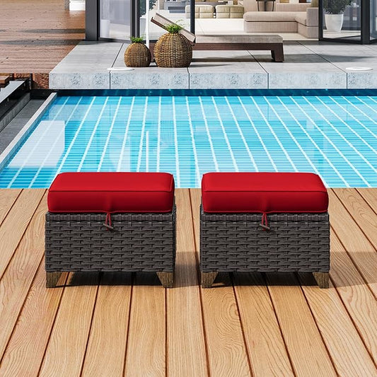 2 Pieces Patio Outdoor Ottomans with Removable and Washable Covers,PE Rattan Wicker Footstools for Porch, Garden, Sunroom (Red)