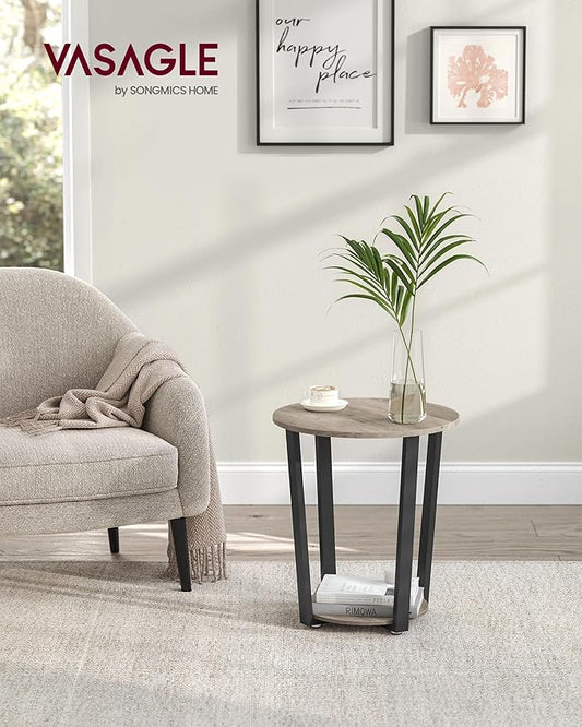 VASAGLE Round Side End Table, 2-Tier Accent Bedside Table with Storage Shelf, Easy Assembly, Nightstand for Small Spaces, Living Room, Bedroom, Heather Greige and Ink Black ULET057B02