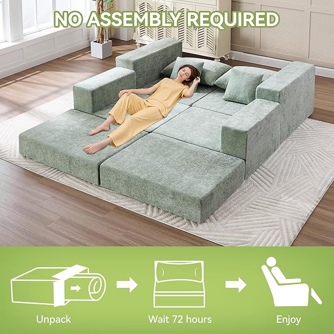 79" Boneless Loveseat Sofa Couch, Modular Foldable Floor Cloud Sofa with Ottoman, Lounge Convertible Sofa Bed for Living Room, No Assembly, Chenille Green