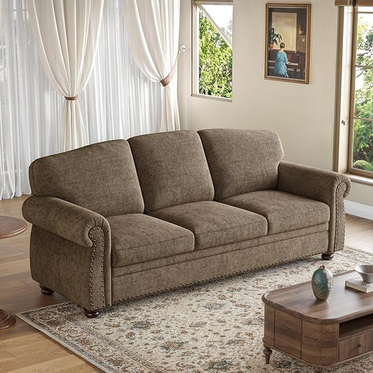 ONBRILL 90 Inch Nailhead Trim Couch for Living Room, 23 Inch Deep Seat Rolled Arm Sofa, Comfy Upholstered 3 Seater Chenille Couch w/Wooden Leg, Large Traditional Sofa for Farmhouse, Brown