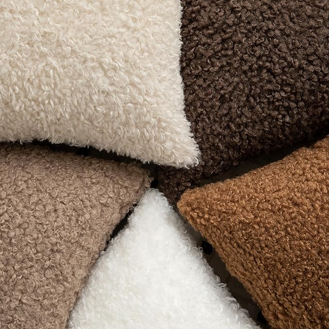 Pack of 2 Curly Teddy Wool Faux Fur Throw Pillow Covers Fuzzy Accent Soft Sherpa Pillowcases Sheepskin Fleece Decorative Cushion Case for Sofa Couch Living Room 12x20 Inch Chocolate