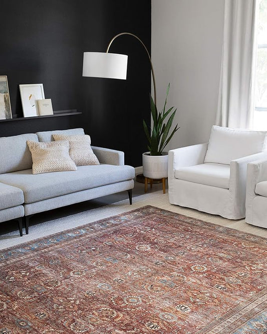 Loloi Layla Collection LAY-01 Brick/Blue 7'-6" x 9'-6" .13" Thick Area Rug, Soft, Durable, Vintage Inspired, Distressed, Low Pile, Non-Shedding, Easy Clean, Printed, Living Room Rug