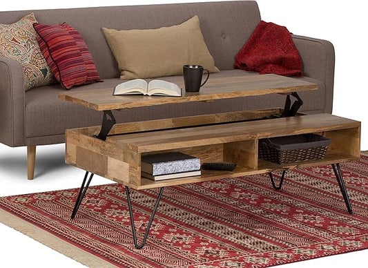 SIMPLIHOME Hunter Lift Top Coffee Table - 48 inch Wide Solid Mango Wood and Metal Industrial Cocktail Table in Natural, Functional Living Room Table with 2 Storage Cubbies and Hairpin Legs