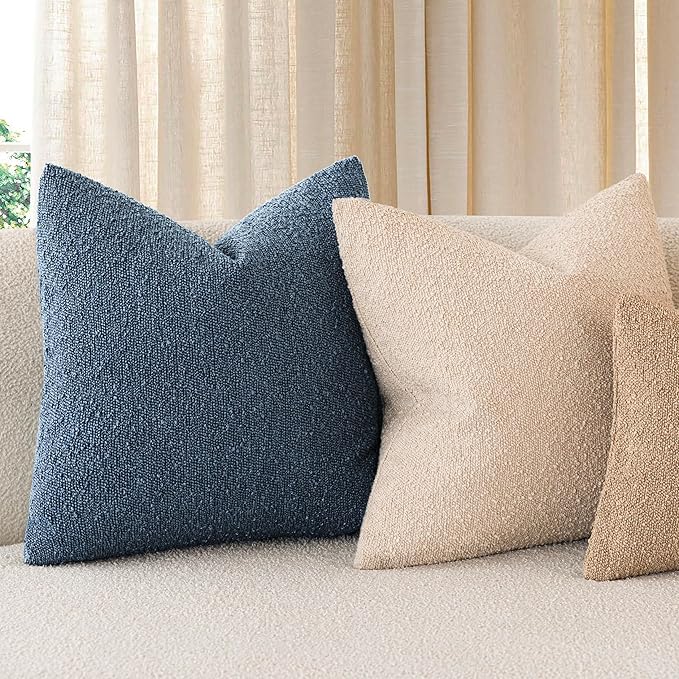 Foindtower Set of 2, Decorative Textured Boucle Throw Pillow Covers Accent Solid Pillow Cases Neutral Couch Cushion Case for Chair Sofa Bedroom Living Room Home Decor 26x26 Inch Dark Blue