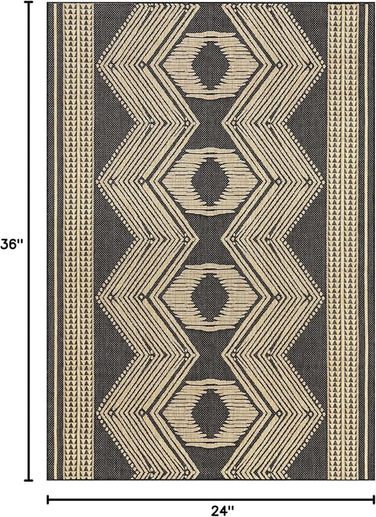 nuLOOM 2' x 3' Outdoor Tribal Geometric Area Rug, Stain Resistant, Weather Resistant, High Traffic, Patio, Balcony, Outside, Ranya Dark Grey