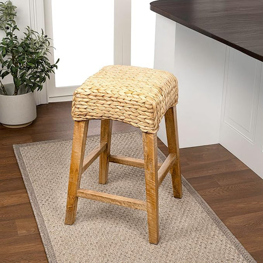 JONATHAN Y CSL1101B Maui 25.5" Rustic Bohemian Hyacinth/Wood Backless Counter Stool for Home, Kitchen, Dining Room, Workspaces, Cafes and Resturants, Natural Woven Seat with Natural Wood Frame