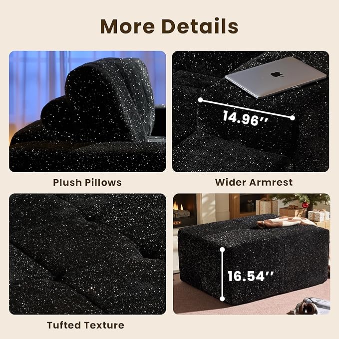 114" Glitter Cloud Sectional Couch with L-Shape Chaise & Ottoman, Modern Boneless Couches for Living Room, Fluffy Tufted Deep Seat Modular Sofa No Assembly (Black Sparkly Velvet,Right Facing)