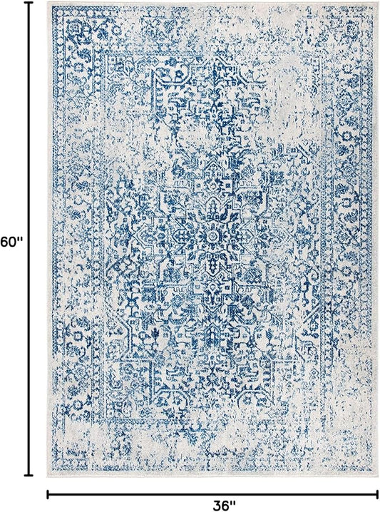 SAFAVIEH Evoke Collection 3' x 5' Ivory / Navy EVK256N Oriental Distressed Non-Shedding Living Room Bedroom Accent Rug