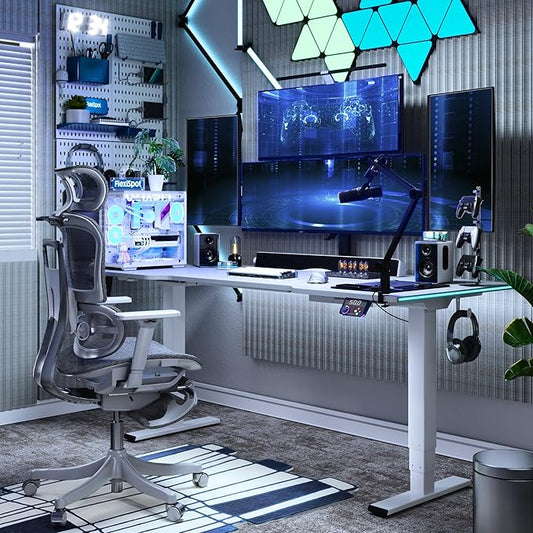 FLEXISPOT CyberX RGB LED Electric Gaming Standing Desk, 55 Inch Dual Motor 3-Stage Adjustable Desk up to 352 lbs, Large Ergonomic Computer Workstation for Gamers, Streamers & Home Studios (White)
