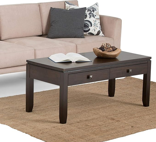 SIMPLIHOME Cosmopolitan Coffee Table - 42 inch Wide Solid Wood Contemporary Rectangle Cocktail Table in Mahogany Brown, Stylish Living Room Table with 2 Drawers and Square Brushed Nickel Knobs