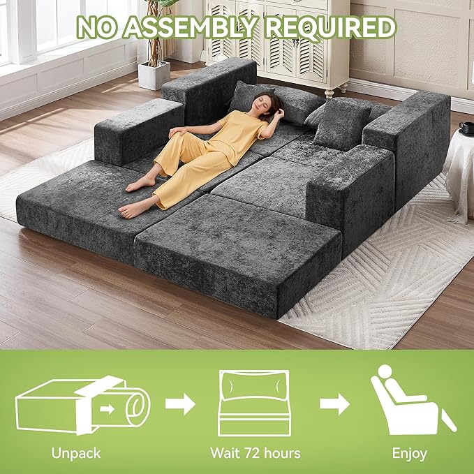 79" Boneless Cloud Loveseat Sofa Couch, Modular Foldable Floor Sofa with Ottoman, Chenille Lounge Convertible Sofa Bed for Living Room, No Assembly, Dark Grey