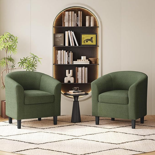 Yaheetech Corduroy Barrel Chairs Set of 2, Upholstered Club Chairs, Round Armchairs Waiting Room Chairs with Soft Cushion for Living Room Bedroom Reading Room, Dark Green