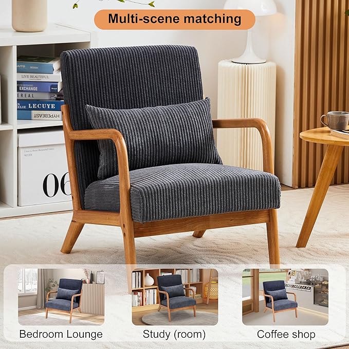 Accent Chairs, Mid-Century Modern Chair with Pillow, Armchair with Solid Wood, Reading Relaxing Leisure Chair for Living Room(Dark Grey)