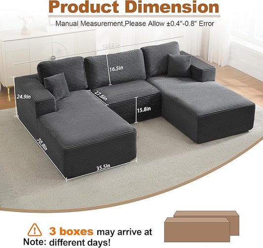 Modular Sectional Cloud Couch for Living Room,Modern Boneless Couche Set with Plush Corduroy,Comfy Floor Sofa with Memory Foam,Stupendous U Shaped Sofa,No Assembly Required,Grey