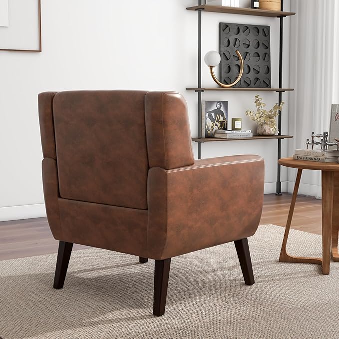 Accent Chair, Mid-Century Modern PU Leather Chairs with Arms for Living Room, Comfy Upholstered Club Single Sofa Armchair for Bedroom Waiting Room with Solid Wood Frame(Leather Coffee, Set of 2)