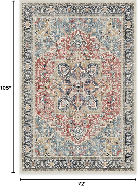 RUGGABLE Washable Vintage Area Rug – Kamran Cayenne Red 6x9, Stain-Resistant, Non-Slip – Medium Machine Washable Rugs for Living Room, Bedroom, Hallway, Entryway & Office–with Standard Pad