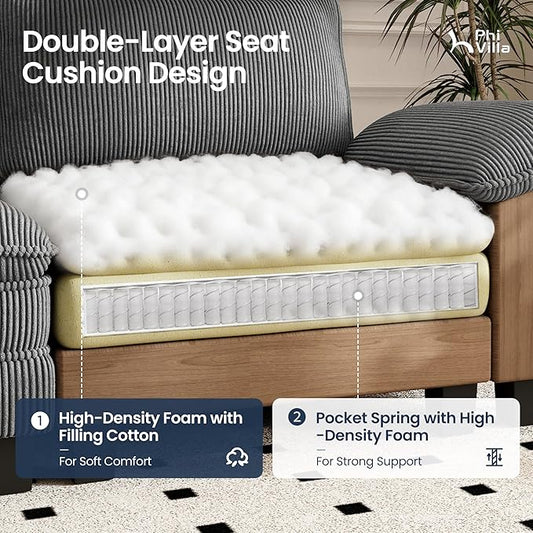 PHI VILLA Indoor Modular Sectional Couches Sets, 2-Piece Armless Sofa Set, 2-Seater Upholstered Couch for Living Room Small Spaces, Corduroy Fabric, Grey