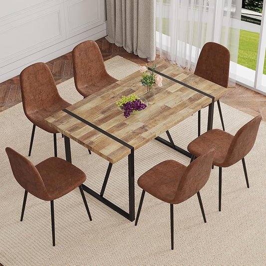 6 Chair Dining Table Set,Dinner Table Set for 6, 55'' Kitchen Table and PU Leather Chairs Set of 6, 7 Piece Dining Table Set for Kitchen Dining Room