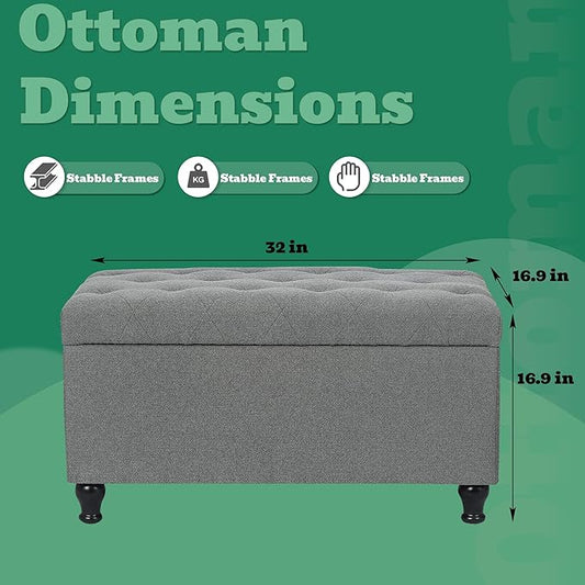 Ottoman with Storage 32'' Ottoman Storage Bench Fabric Ottomans Footstools Upholstered Foot Rest Stool for Couch, Living Room, Bedroom, Entrance Shoe Bench Gray