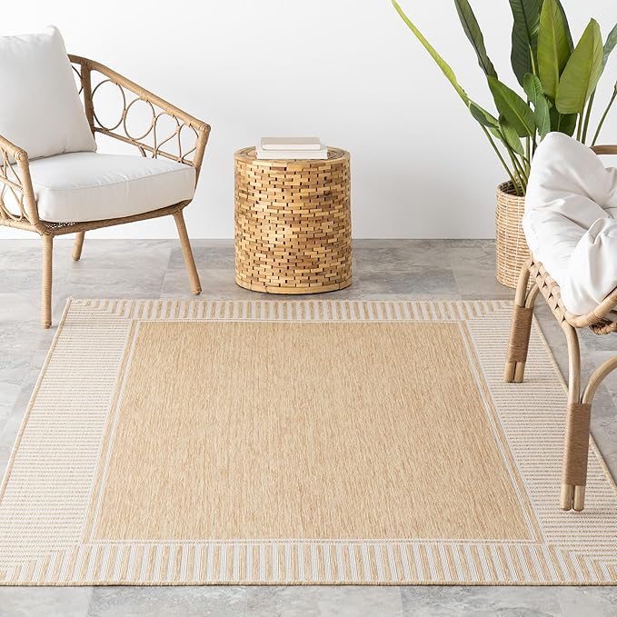 nuLOOM 9'6" x 12' Outdoor/Indoor Asha Area Rug, Tan, Casual Design with Striped Border, Stain Resistant, Highly Durable, for Patio, Balcony, Bedroom, Living Room, Dining Room, Bathroom