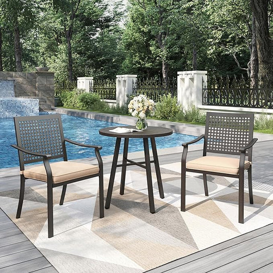 PHI VILLA Outdoor Metal Dining Chairs Set of 2, Black Wrought Iron Stackable Chairs with Cushions, Heavy-Duty Seating Furniture for Patio, Deck, Yard, Porch