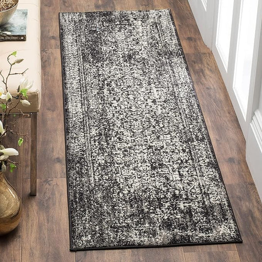 SAFAVIEH Evoke Collection Runner Rug - 2'2" x 15', Black & Grey, Distressed Design, Non-Shedding & Easy to Clean, Ideal for Foyer, Bedroom, Kitchen, Hallway (EVK256R)