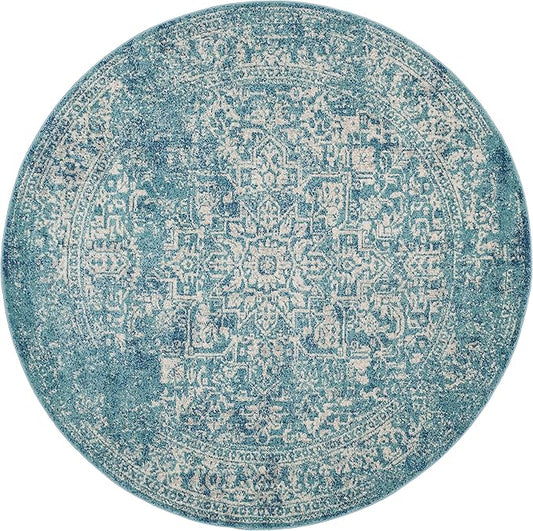 SAFAVIEH Evoke Collection Area Rug - 9' Round, Blue & Ivory, Distressed Design, Non-Shedding & Easy to Clean, Ideal for Living Room, Bedroom, Dining Space (EVK256C)