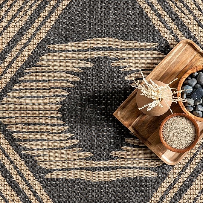 nuLOOM 10' x 13' Outdoor Tribal Geometric Area Rug, Stain Resistant, Weather Resistant, High Traffic, Patio, Balcony, Outside, Ranya Dark Grey