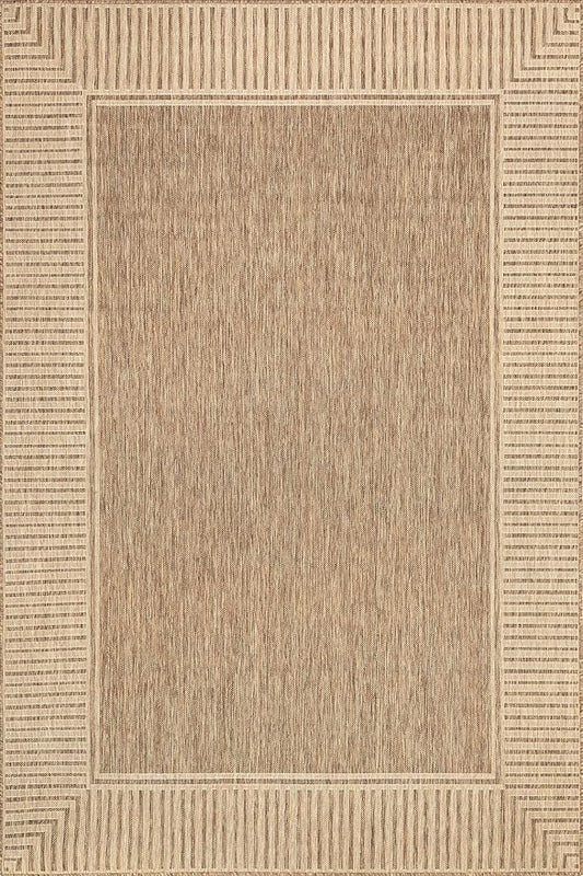 nuLOOM 2' x 3' Outdoor Area Rug, Casual Design With Striped Border, Stain Resistant, Highly Durable, For Patio, Balcony, Bedroom, Living Room, Dining Room, Bathroom, Light Brown