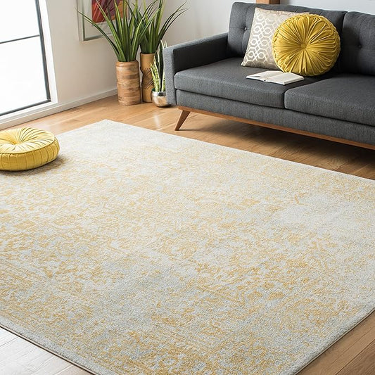 SAFAVIEH Evoke Collection Area Rug - 8' Square, Ivory & Gold, Distressed Design, Non-Shedding & Easy to Clean, Ideal for Living Room, Bedroom, Dining Space (EVK256B)