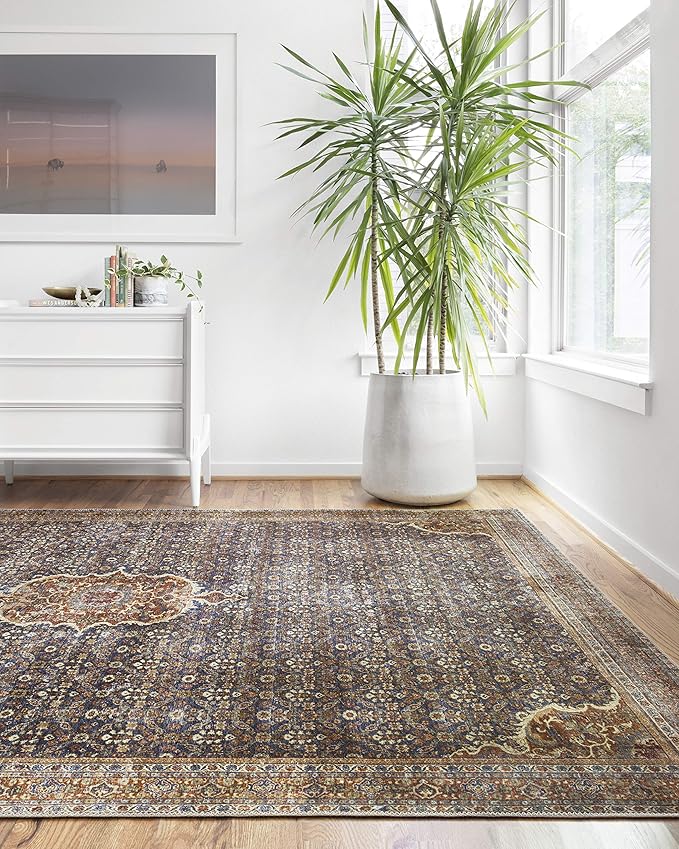 Loloi Layla Collection LAY-09 Cobalt Blue/Spice 2'-0" x 5'-0" .13" Thick Accent Rug, Soft, Durable, Vintage Inspired, Distressed, Low Pile, Non-Shedding, Easy Clean, Printed, Living Room Rug