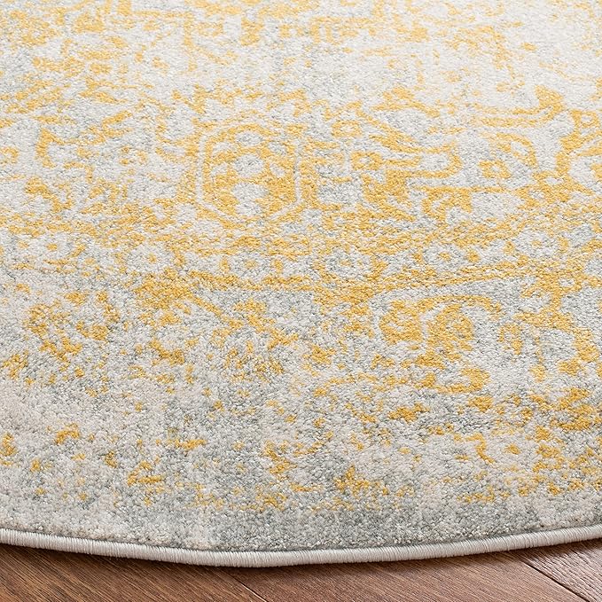 SAFAVIEH Evoke Collection Area Rug - 6'7" Round, Ivory & Gold, Distressed Design, Non-Shedding & Easy to Clean, Ideal for Living Room, Bedroom, Dining Space (EVK256B)