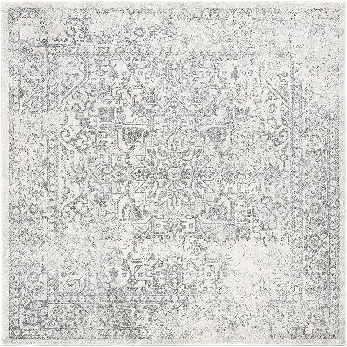 SAFAVIEH Evoke Collection Area Rug - 8' Square, Ivory & Grey, Distressed Design, Non-Shedding & Easy to Clean, Ideal for Living Room, Bedroom, Dining Space (EVK256F)