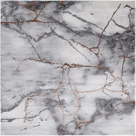 SAFAVIEH Craft Collection Area Rug - 5'3" Square, Grey & Orange, Modern Abstract Marble Pattern Design, Non-Shedding & Easy Care, Ideal for High Traffic Areas in Living Room, Bedroom (CFT877P)