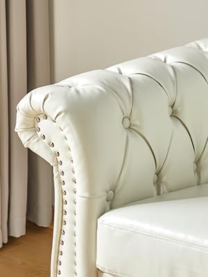 Chesterfield 3 Seater Sofa, Modern Leather Tufted Couch 3 Seater with Rolled Arms and Nailhead Mid-Century Upholstered Couch for Living Room, Bedroom, Apartment and Office, White