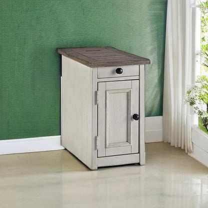 Signature Design by Ashley Bolanburg Farmhouse Chair Side End Table, 2 USB Ports, Pull-out Tray, Wood, 14" W x 24.25" D x 23" H, Antique Cream & Brown