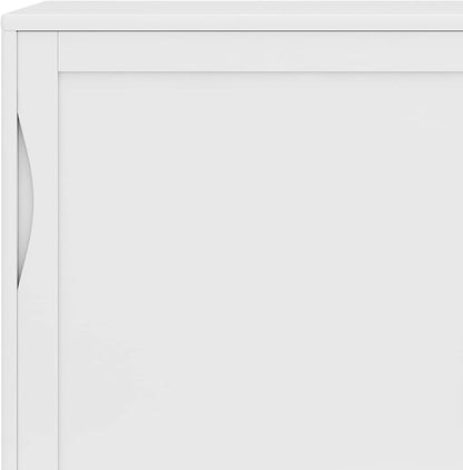 SIMPLIHOME Harper Medium Storage Cabinet - 48 inch Wide Solid Hardwood Sliding Door Cabinet in White, Mid-Century Modern Cupboard for Living Room or Entryway with 3 Drawers and Tapered Legs