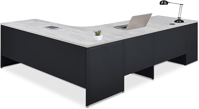 nbf signature series Carbon L Shaped Desk with 2-Drawer Pedestal Left Return Gray Wash Maple Ergonomic Computer Desk Corner Office Desk 72" Wx96 D with File Drawers